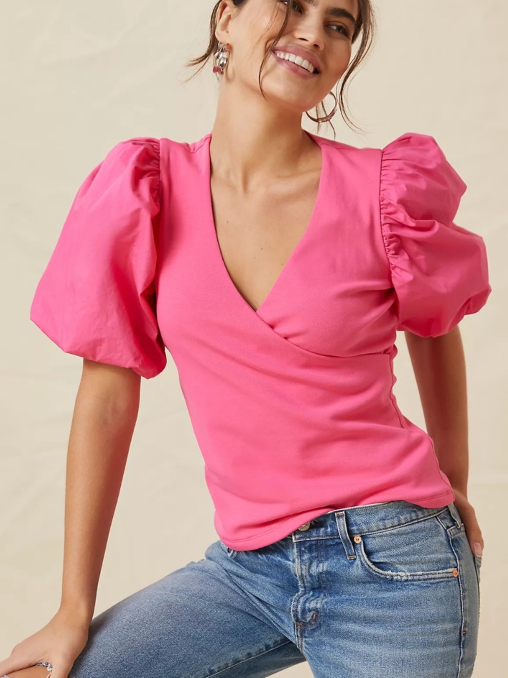 Anthropologie Maeve Puff-Sleeve Wrap Top in Hot Pink